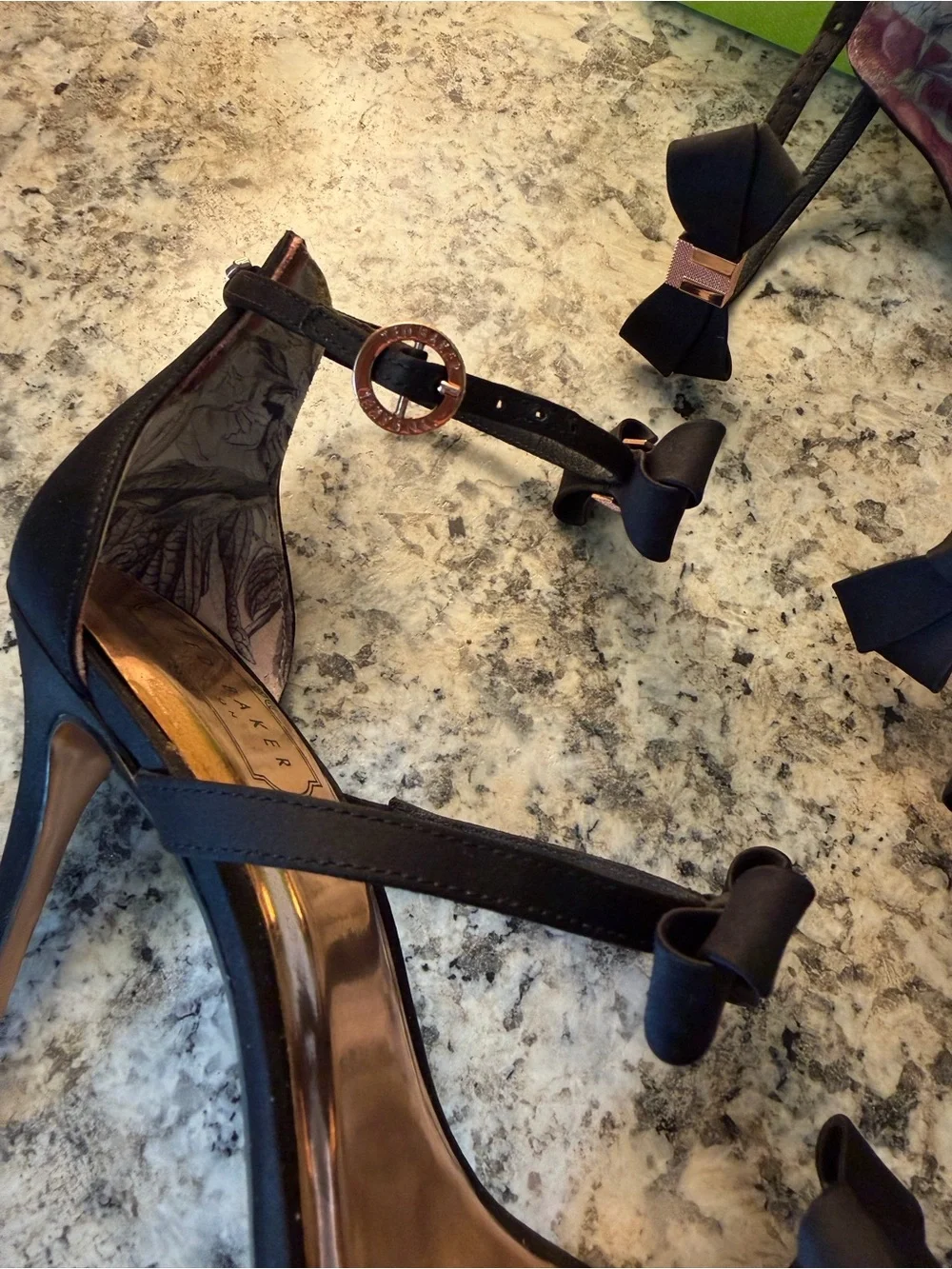 Ted Baker London Black Satin Bow Ankle-Strap Stiletto Sandals Heels Sexy Classy